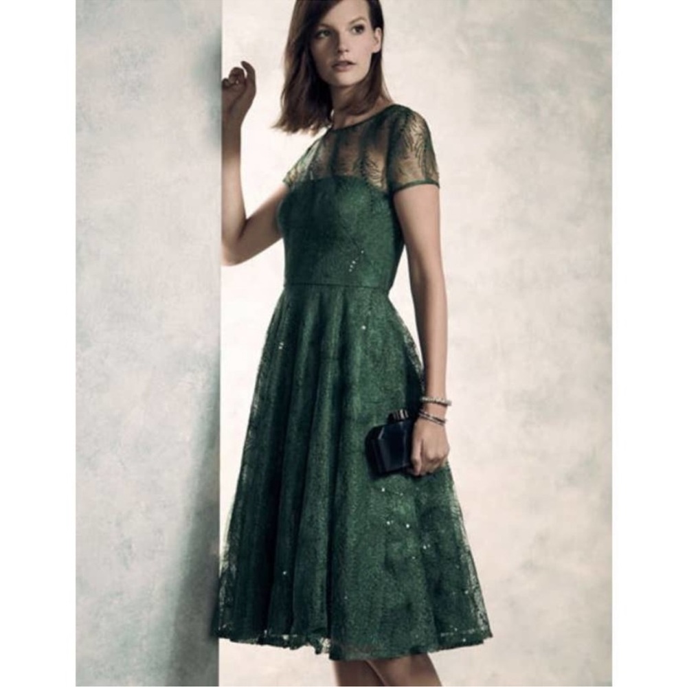 Aidan Mattox Feather-Lace Open-Back Party Dress in Forest Green